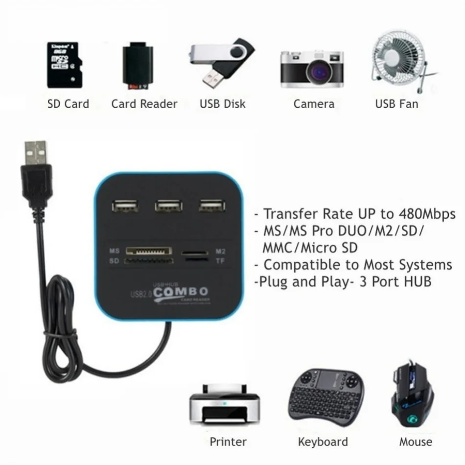 3 portas usb 2.0 hub combo usb - Laptop Accessories All In One avaliação e preço